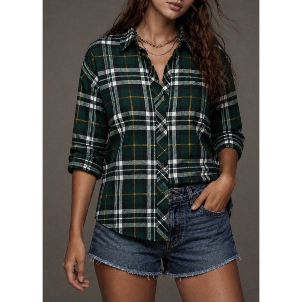 Faherty Malibu Plaid Rayon Shirt Womens Green Multicolored  Button Up SZ XS